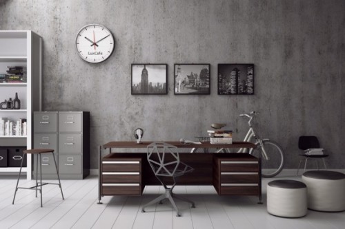 Beeldcitaat: http://vnuks.com/considerable-interior-design-ideas-for-offices/masculine-home-office-with-gray-wall-and-round-table-chairs-and-old-bike-decoration-modern-contemporary-design-chair/